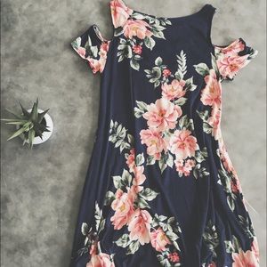 Navy peep-shoulder dress